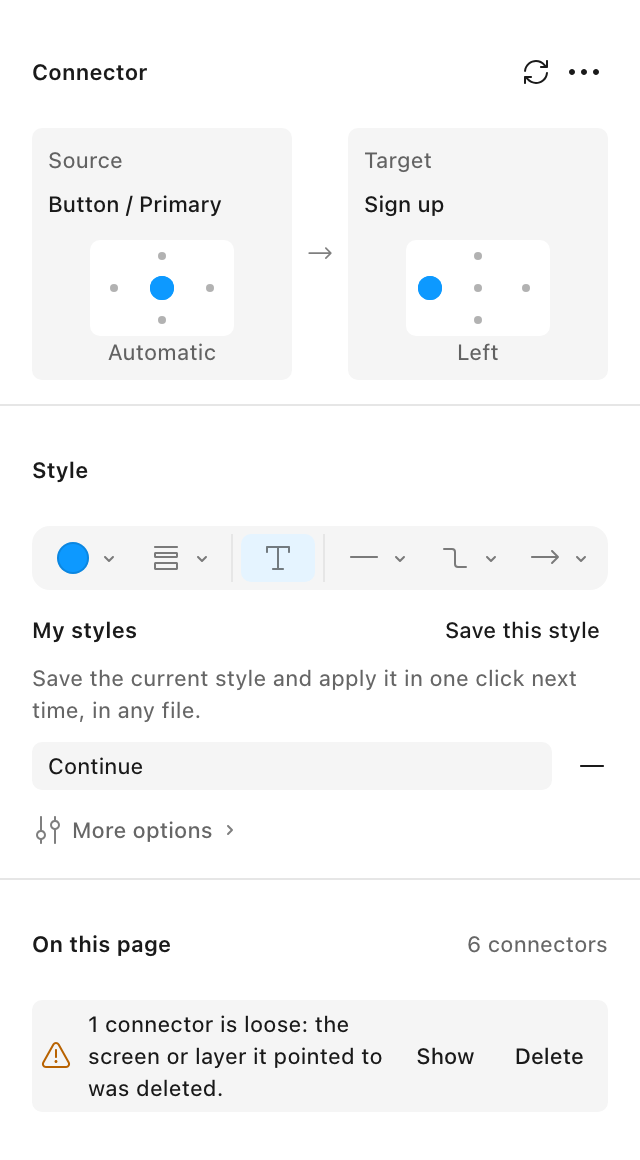 Autoflow con un conector seleccionado: lados, estilo y etiqueta