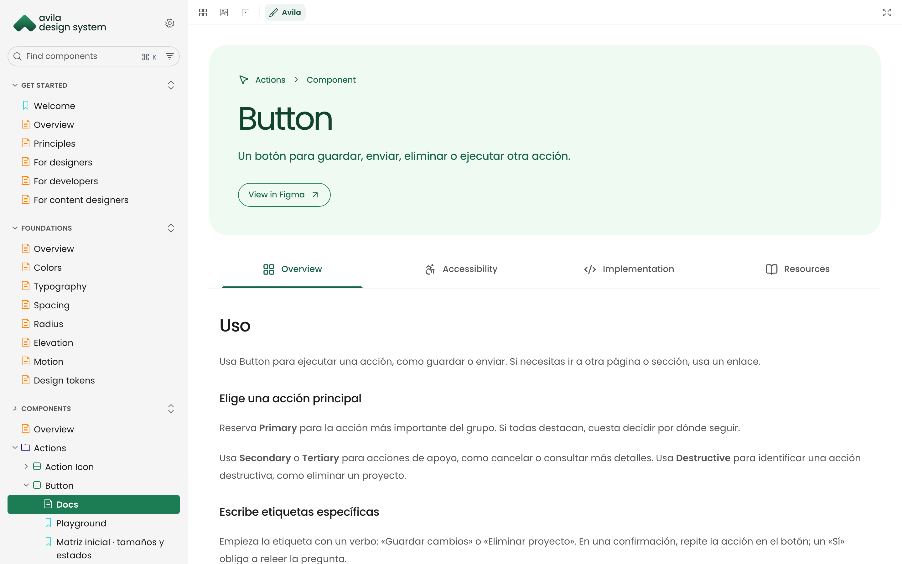 Página de Button en el Storybook de Ávila, con sus pestañas y el enlace a Figma