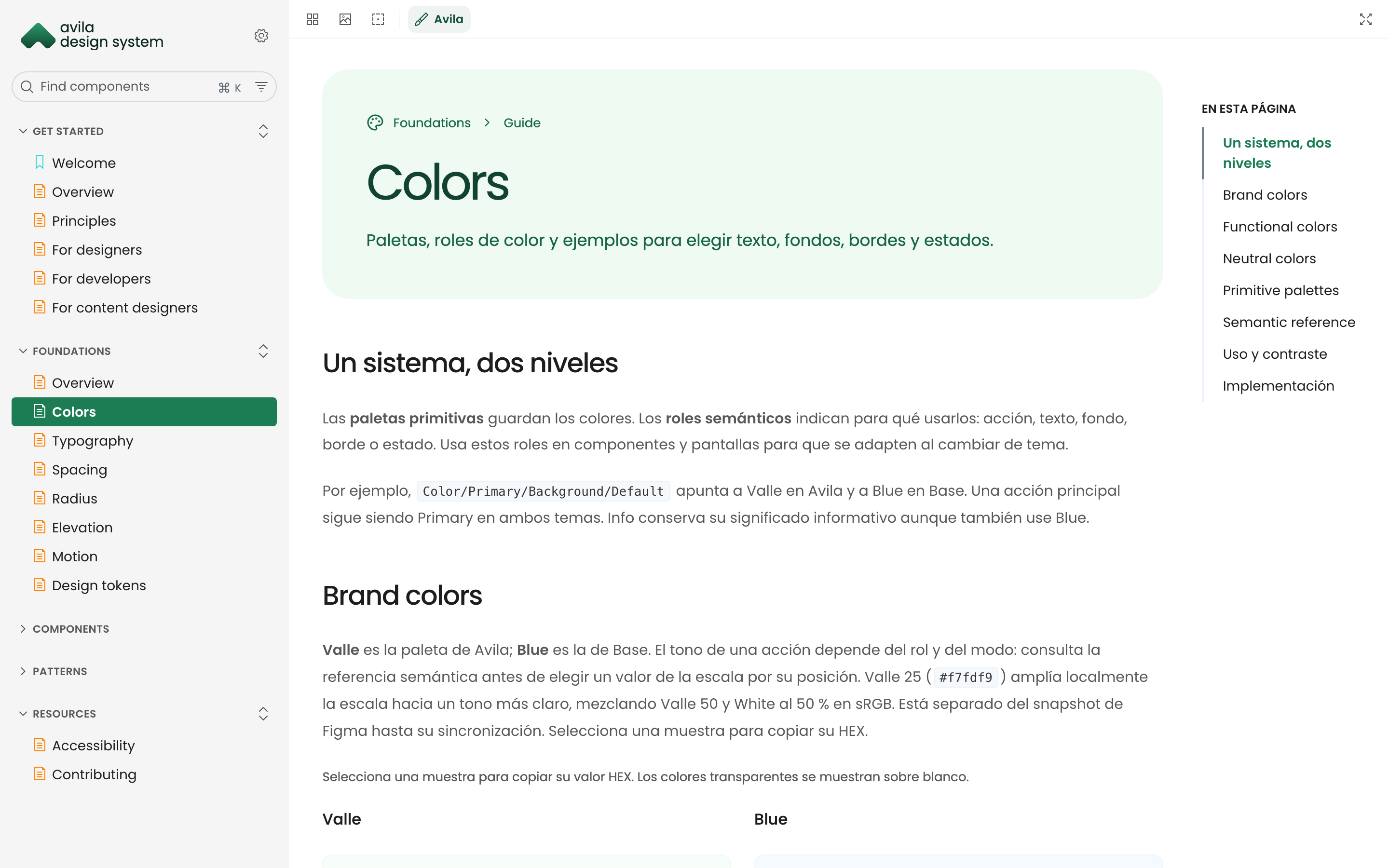 Guía de color con la explicación de primitivos y roles semánticos