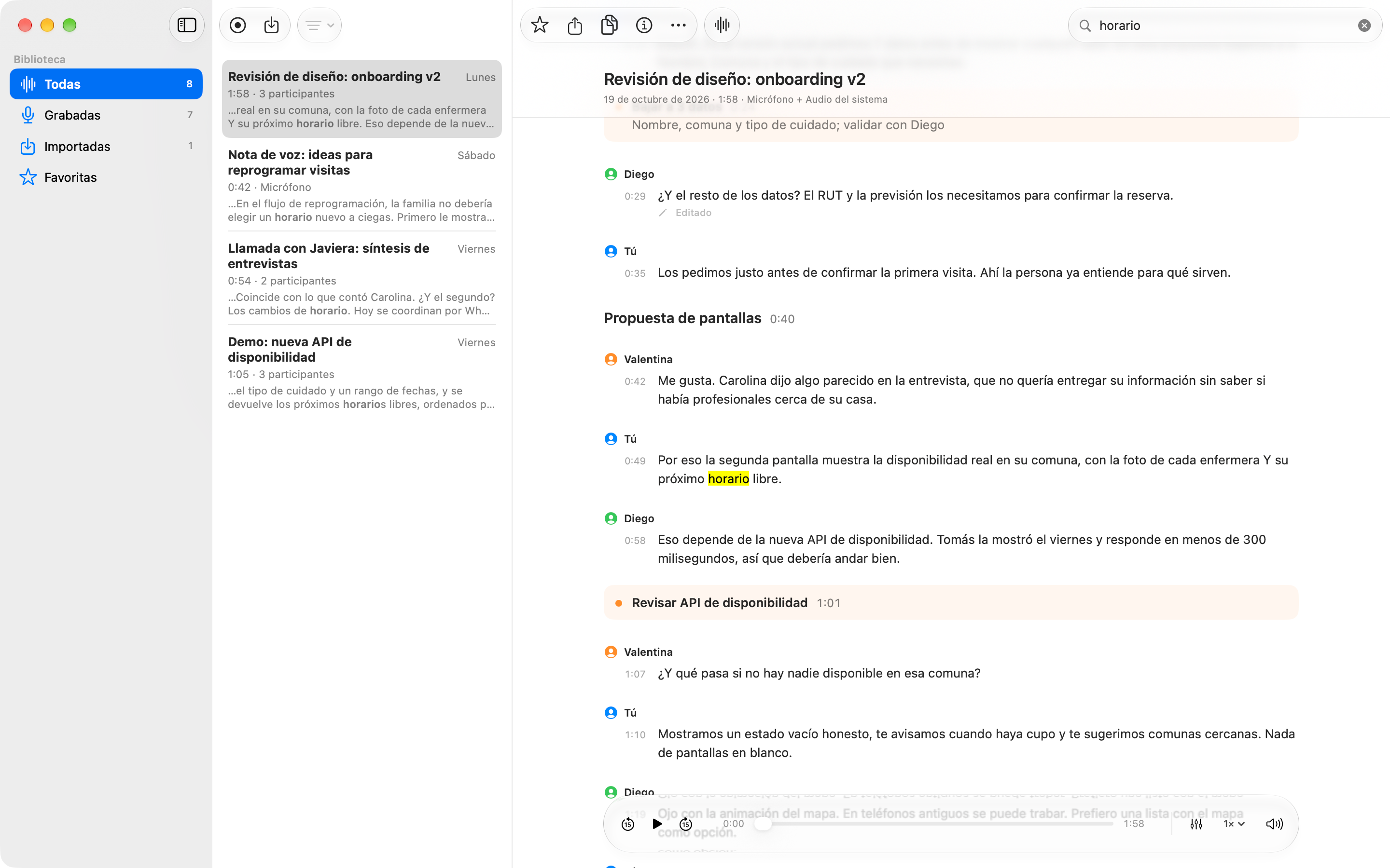 Búsqueda de la palabra horario con resultados en varias grabaciones y la coincidencia resaltada