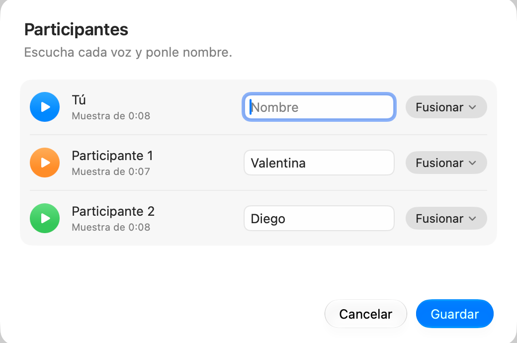 Diálogo Participantes con una muestra de cada voz y su nombre