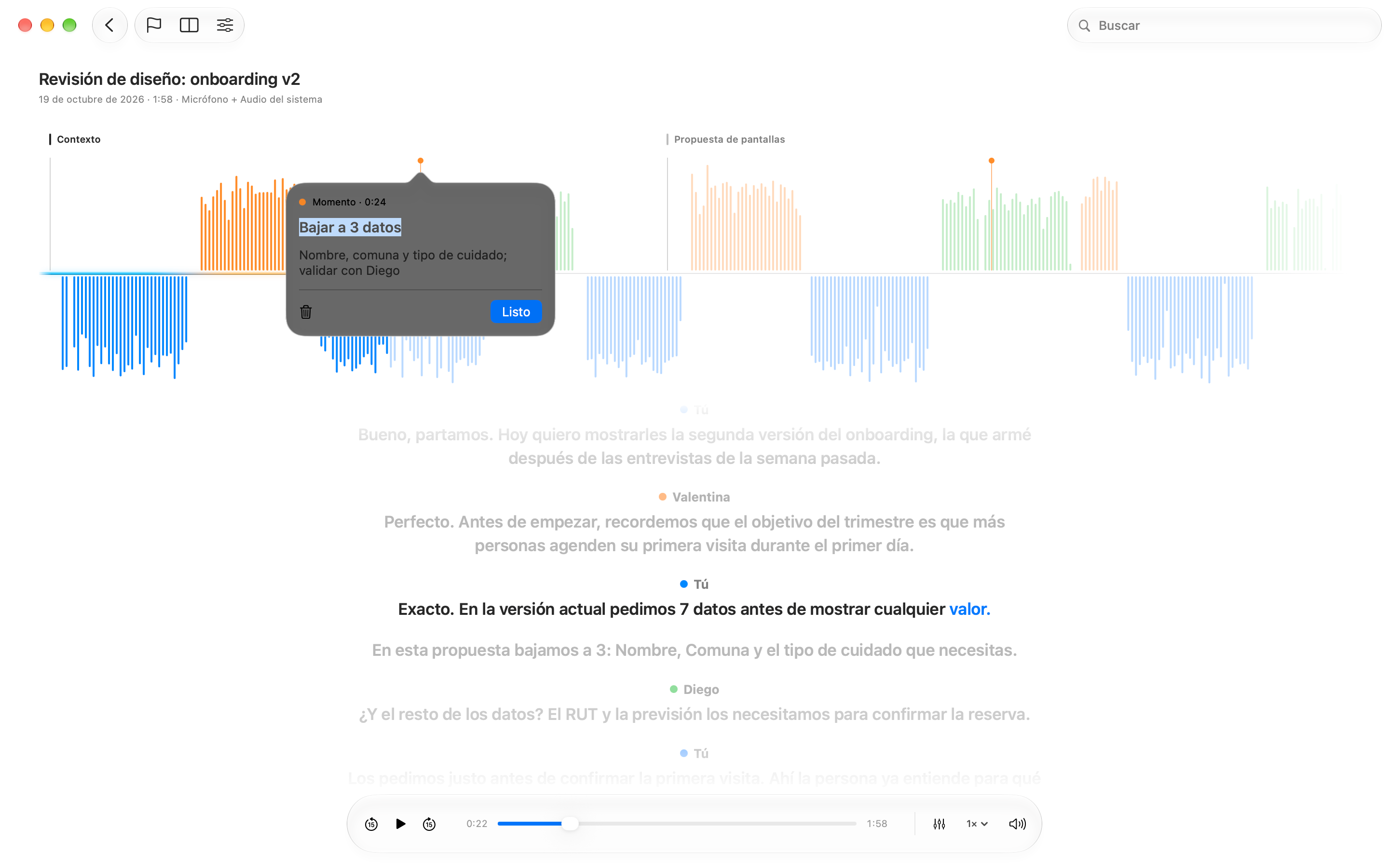 Momento Bajar a 3 datos con su nota, sobre la onda del reproductor