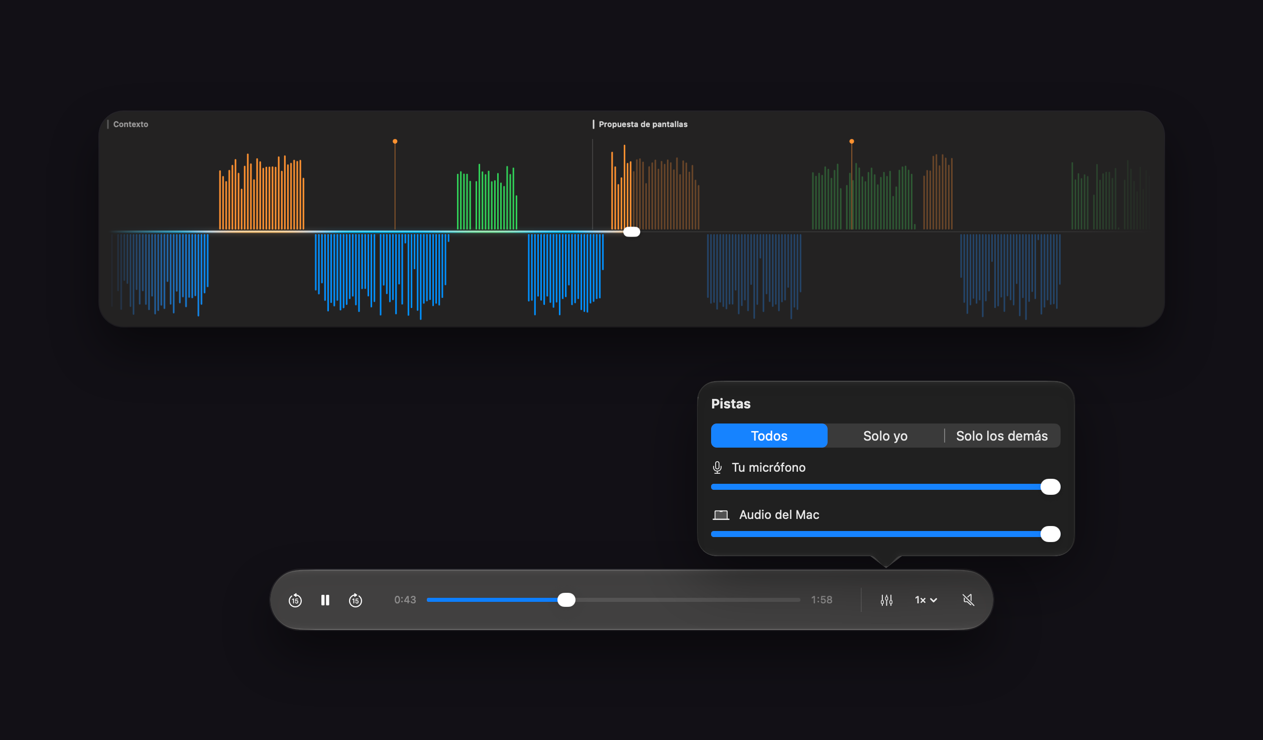 Onda del audio coloreada por hablante con el panel Pistas: todos, solo yo o solo los demás
