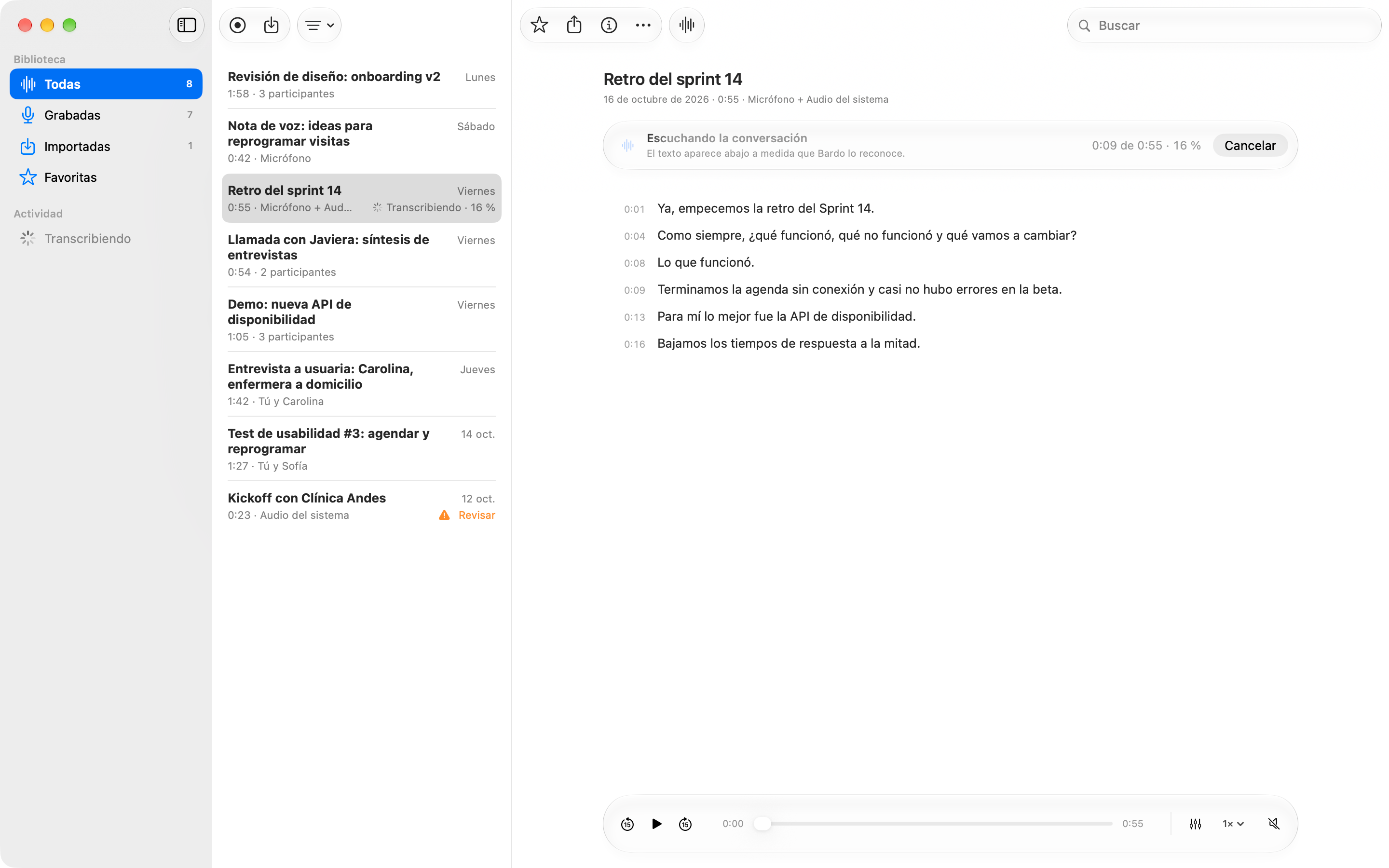 Bardo transcribiendo una retrospectiva mientras la escucha