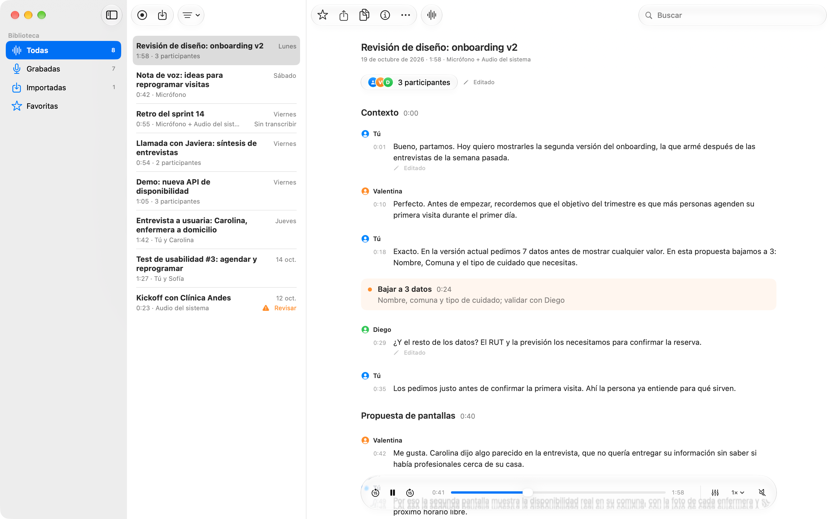 Bardo mostrando la transcripción de una revisión de diseño, ordenada por hablante