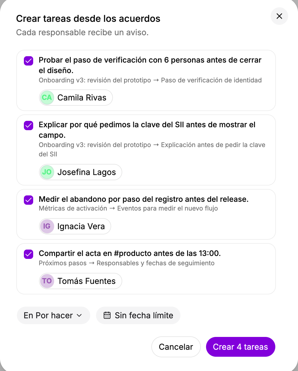 Crear tareas desde los acuerdos de una reunión, con cuatro acuerdos marcados y su responsable