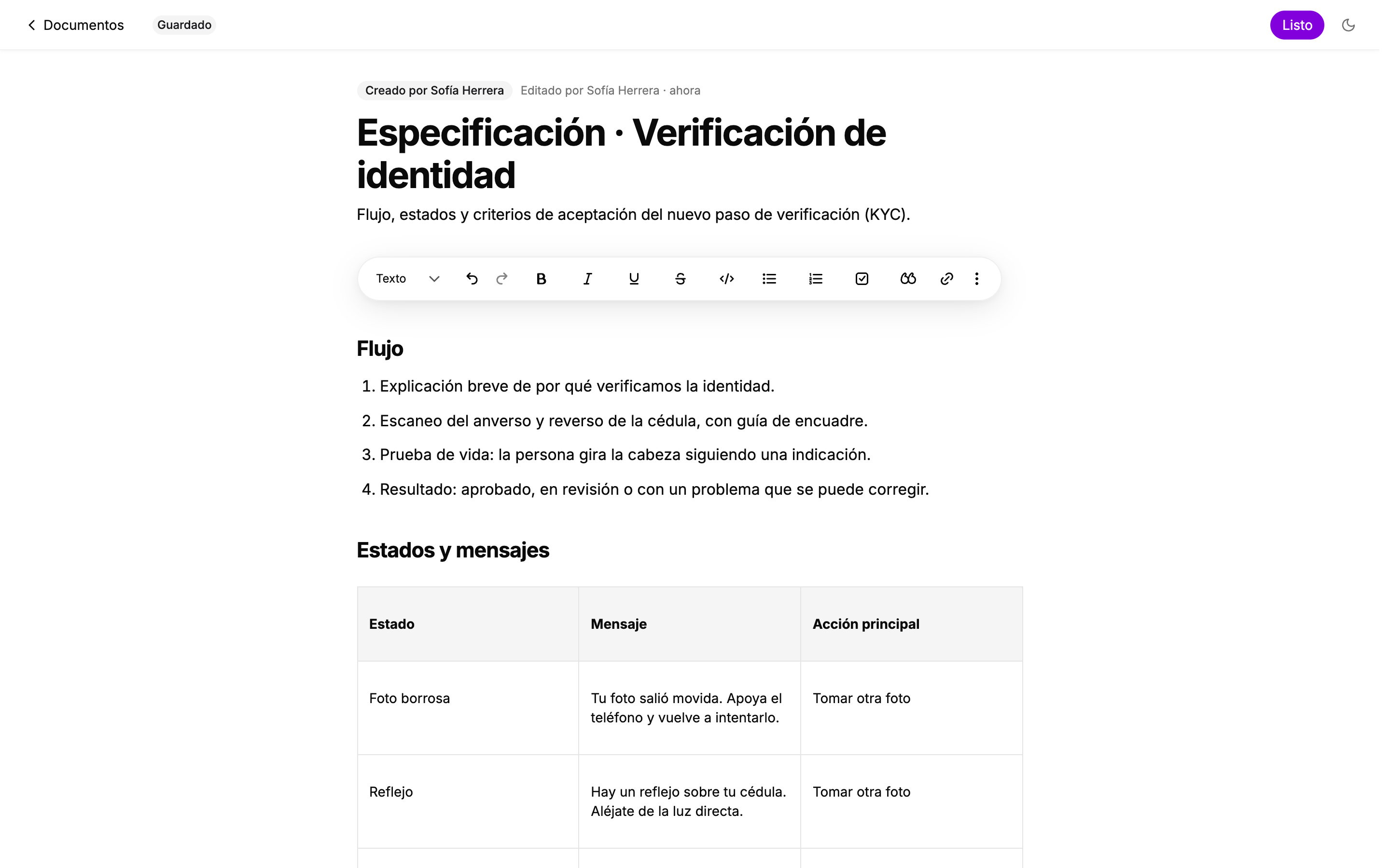 Editor por bloques con una especificación, su barra de formato y una tabla