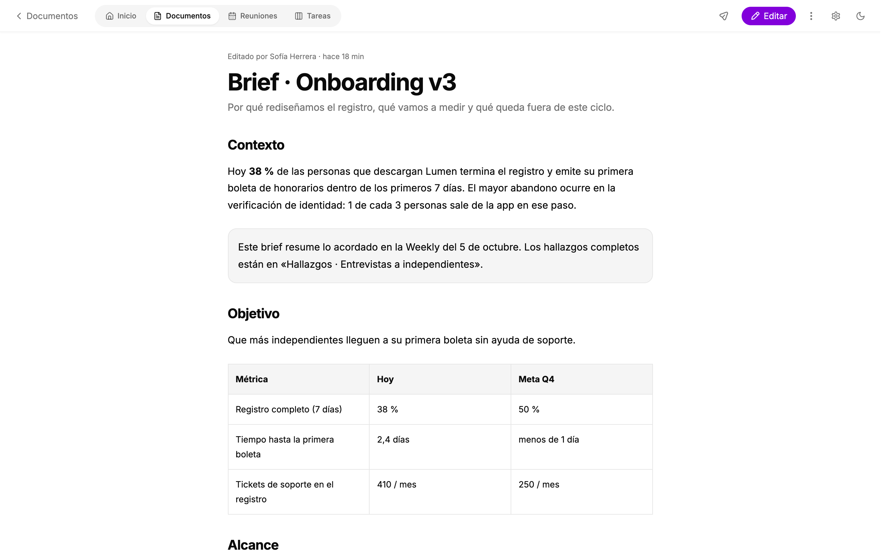 Lector de Bardo con el brief Onboarding v3, su contexto, objetivo y tabla de métricas
