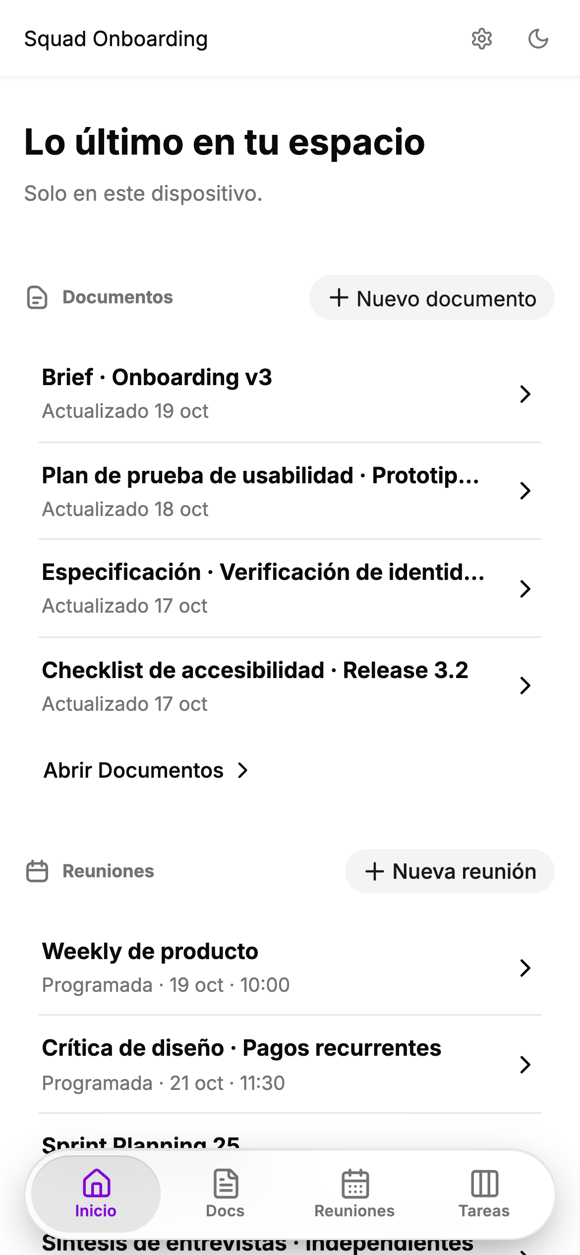 Inicio de Bardo en el teléfono, con documentos y reuniones