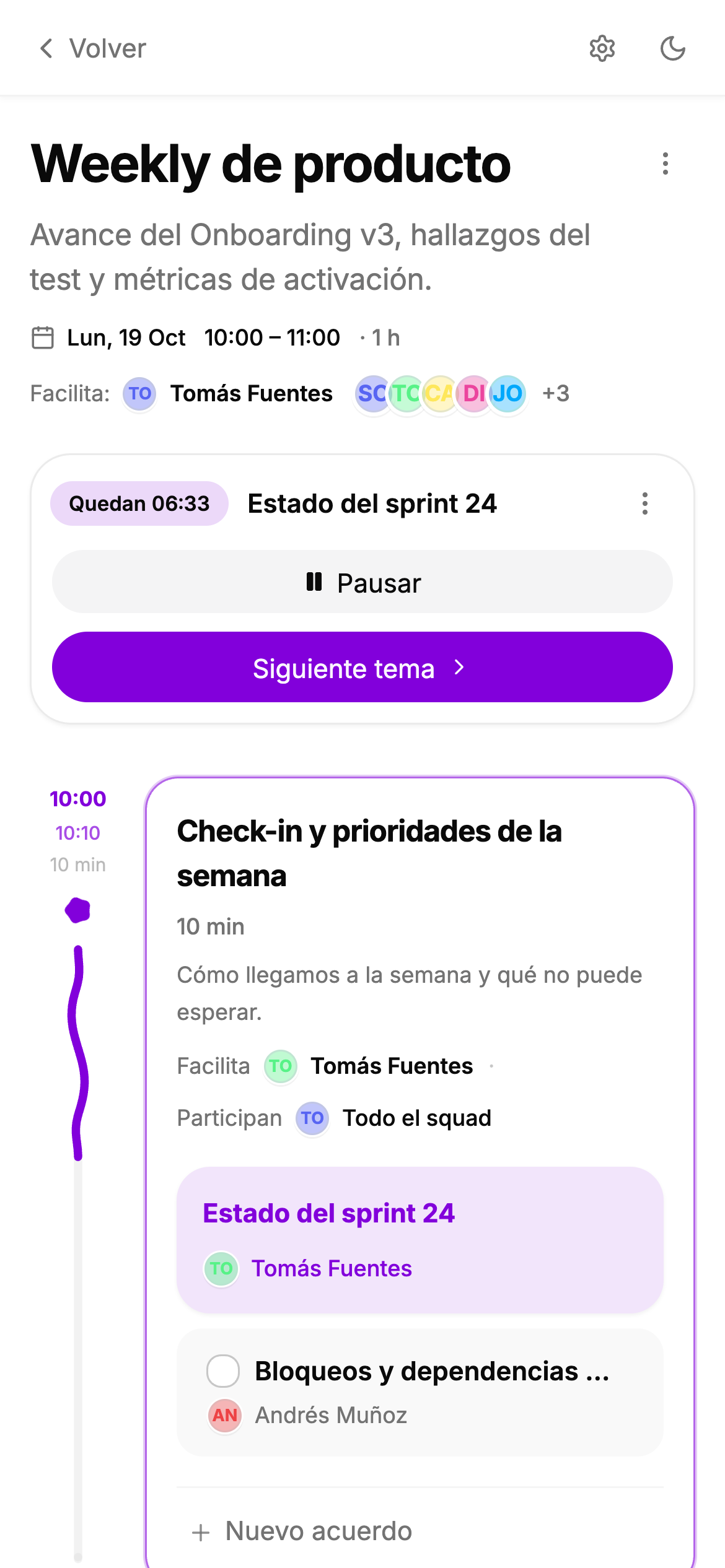 Reunión en curso en el teléfono, con el tema activo y el tiempo restante