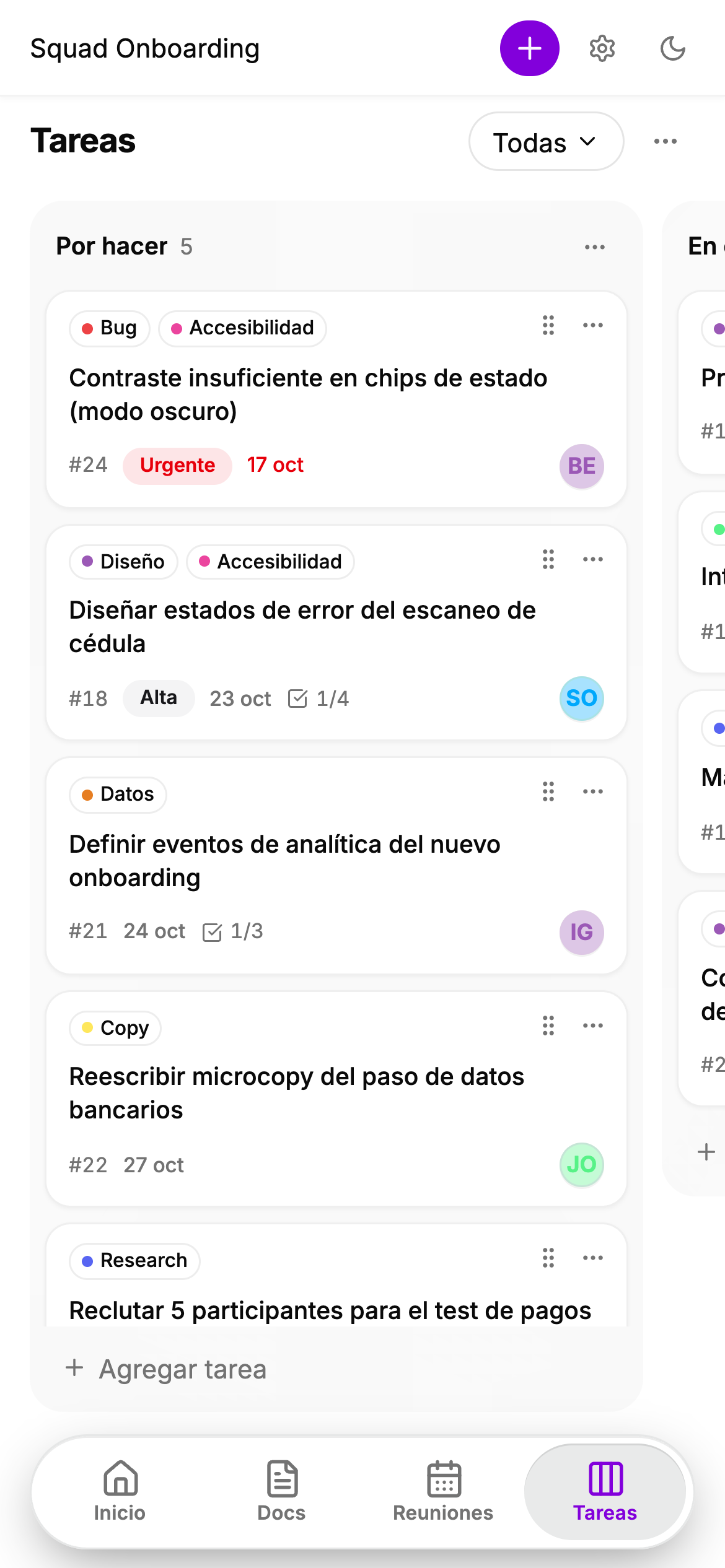 Tablero de tareas en el teléfono, una columna a la vez