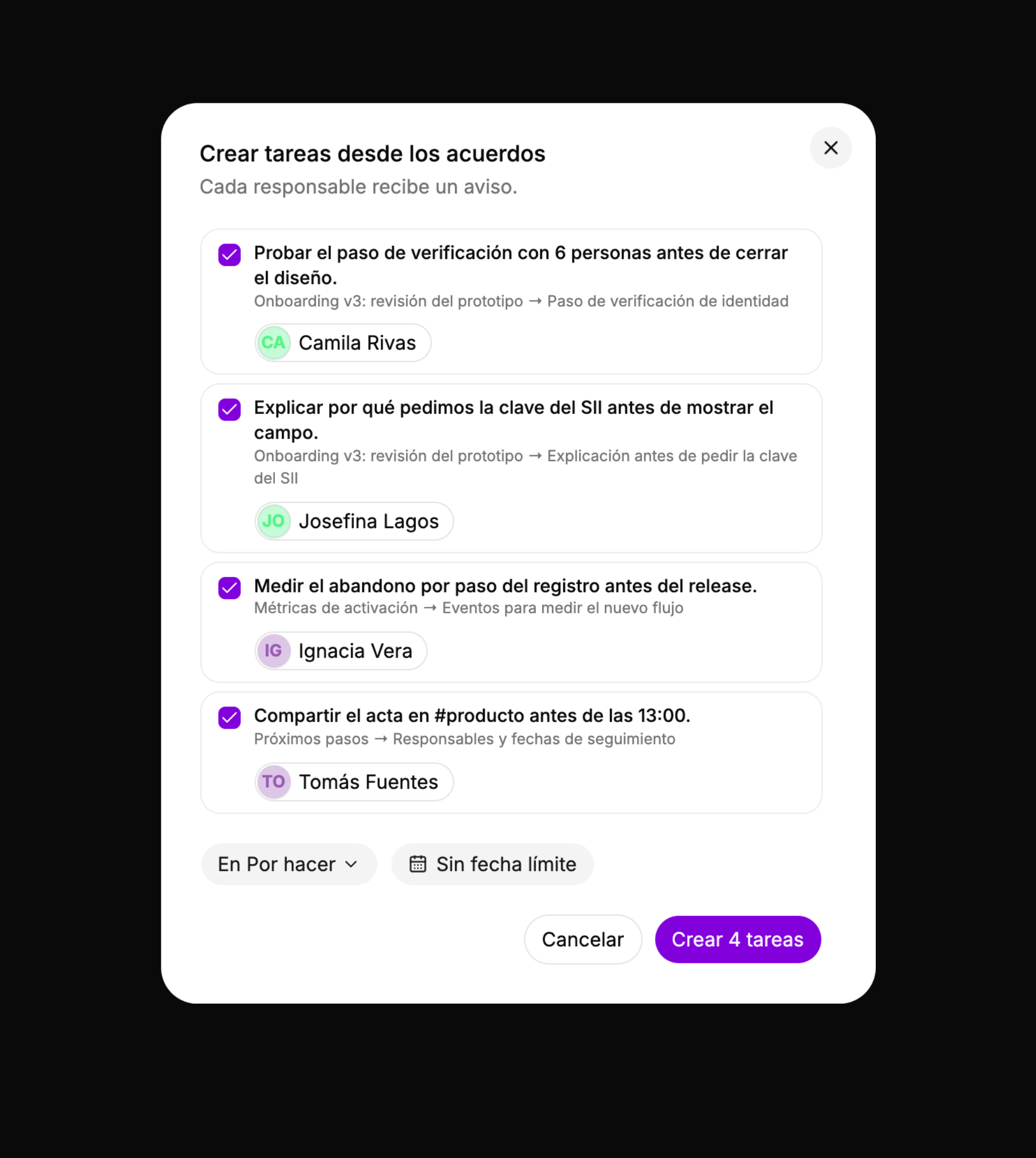 Diálogo Crear tareas desde los acuerdos, con cuatro acuerdos marcados y su responsable