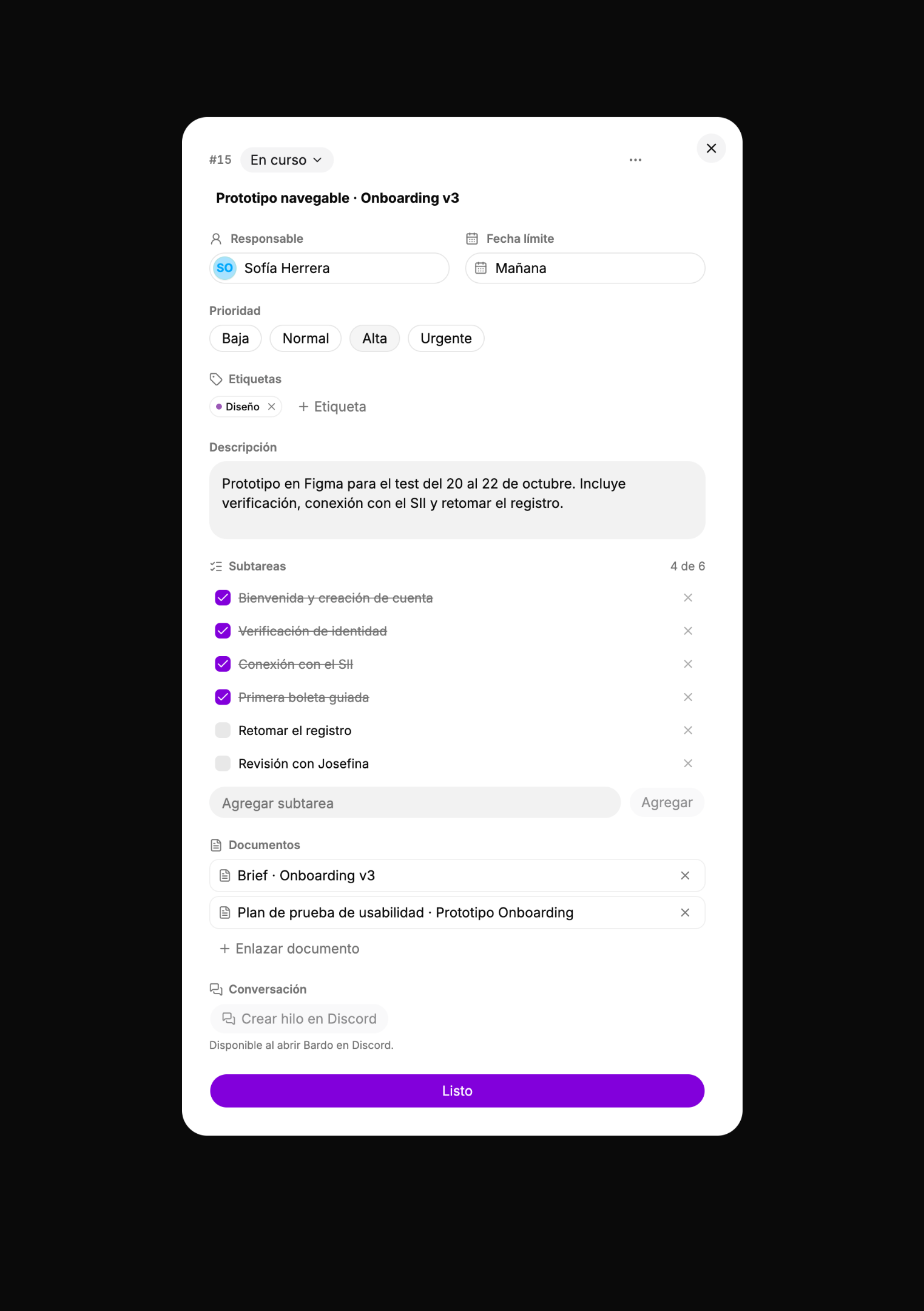 Detalle de una tarea con descripción, subtareas, documentos enlazados y conversación