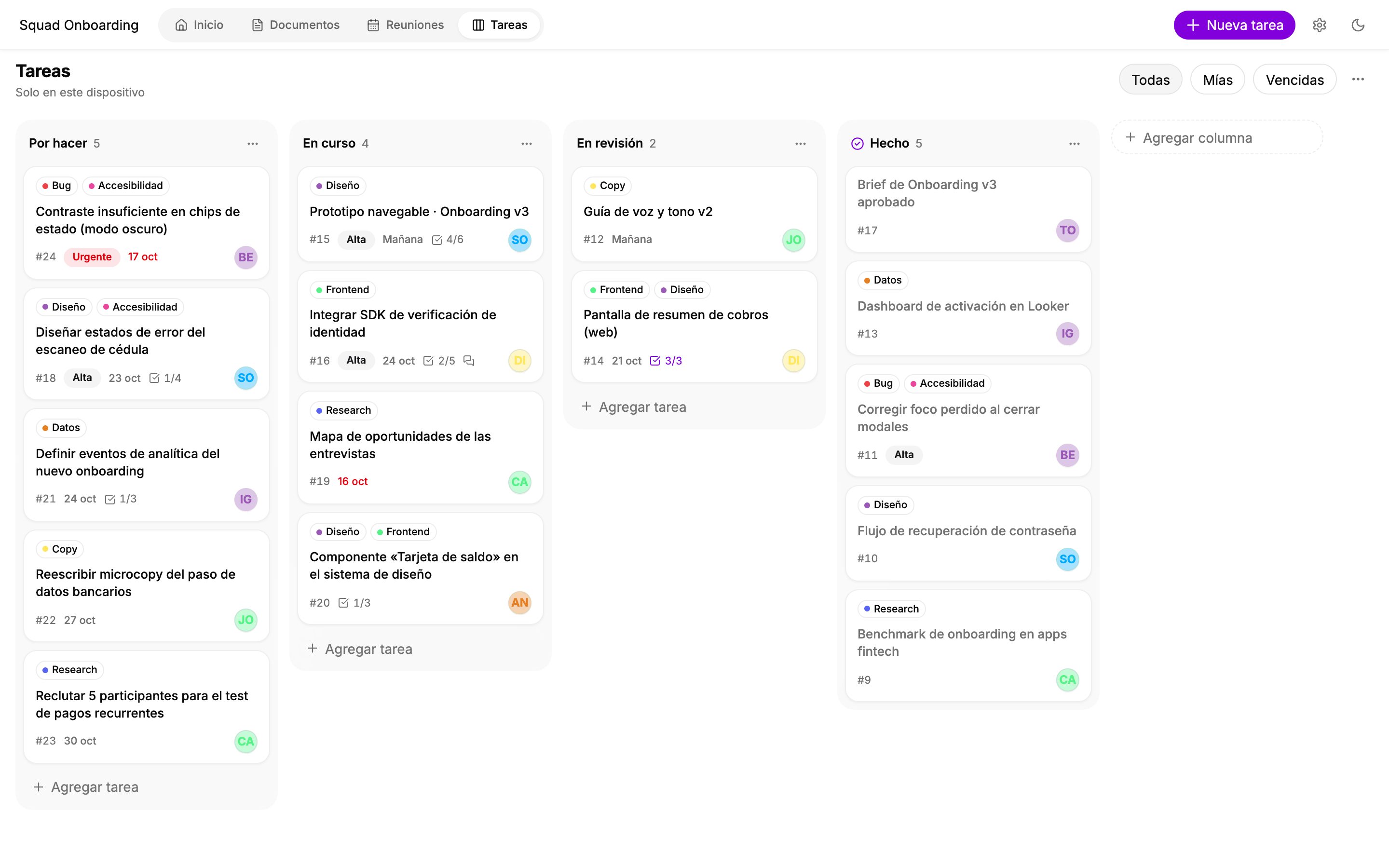 Tablero de tareas por estado, con etiquetas, prioridades, fechas y responsables