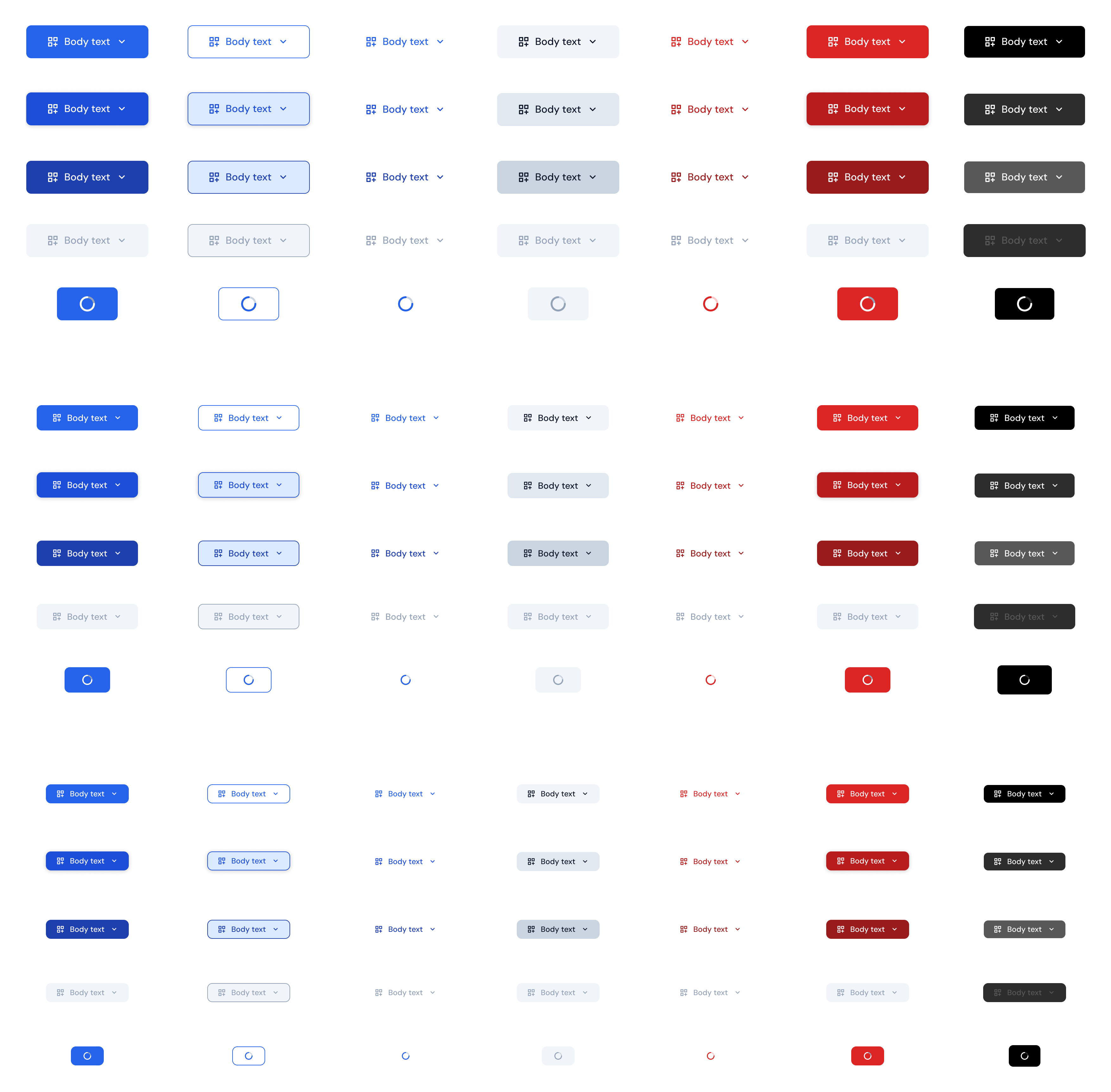 Component set de Button: siete estilos por cinco estados en tres tamaños
