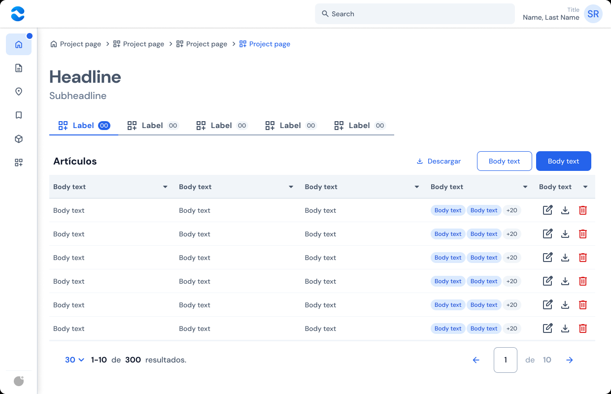 Plantilla de dashboard con breadcrumb, tabs, tabla y paginación