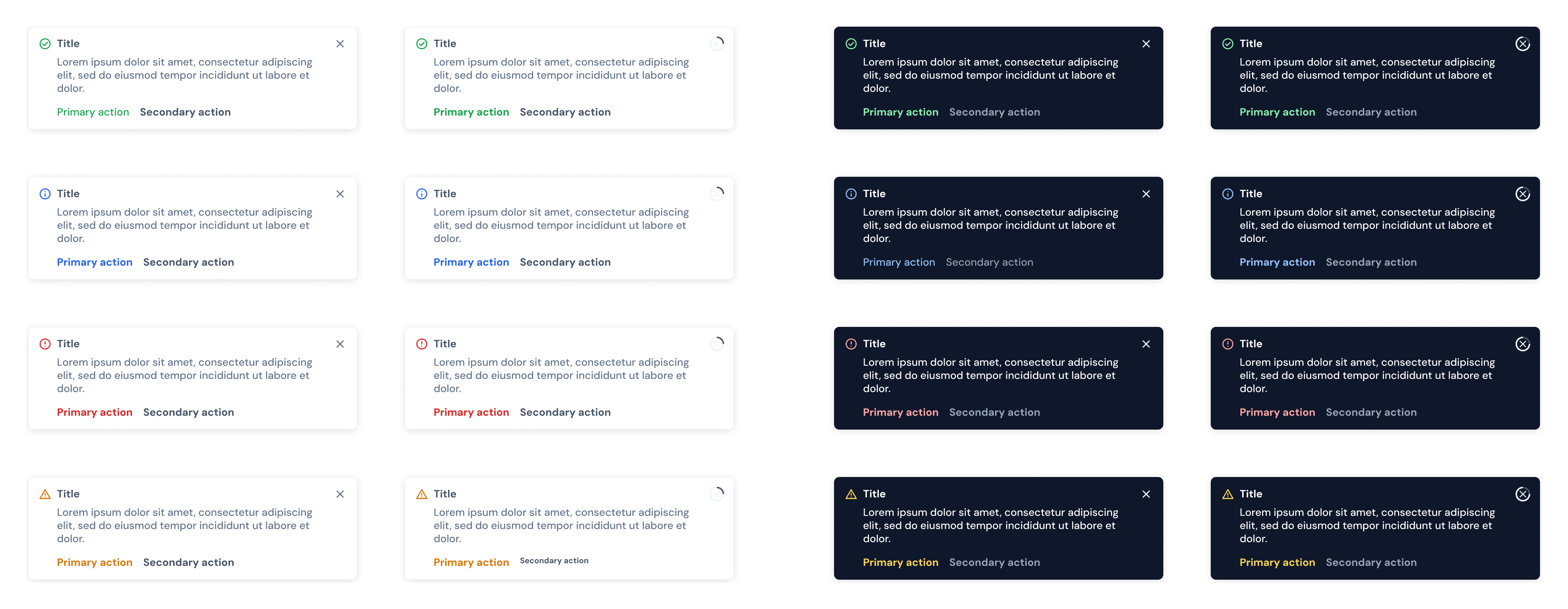 Notificaciones de éxito, información, error y advertencia, en claro y en oscuro