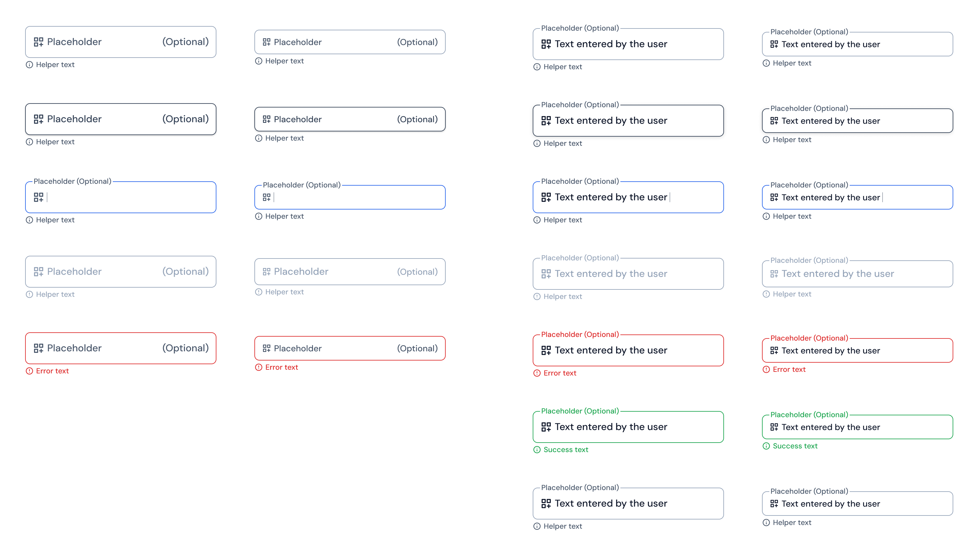 Text Input en siete estados y dos tamaños, vacío y completo