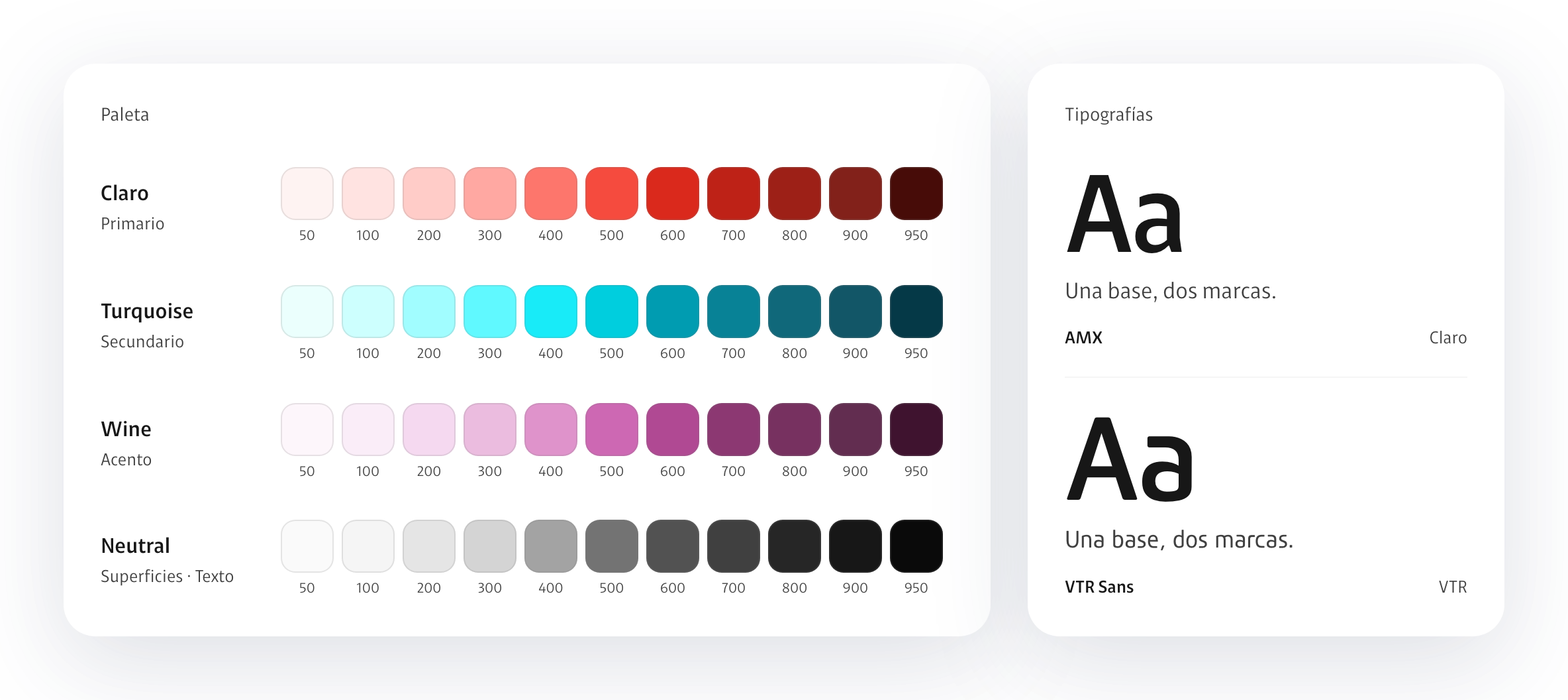 Paleta con las rampas Claro, Turquoise, Wine y Neutral de 50 a 950, y las tipografías AMX y VTR Sans