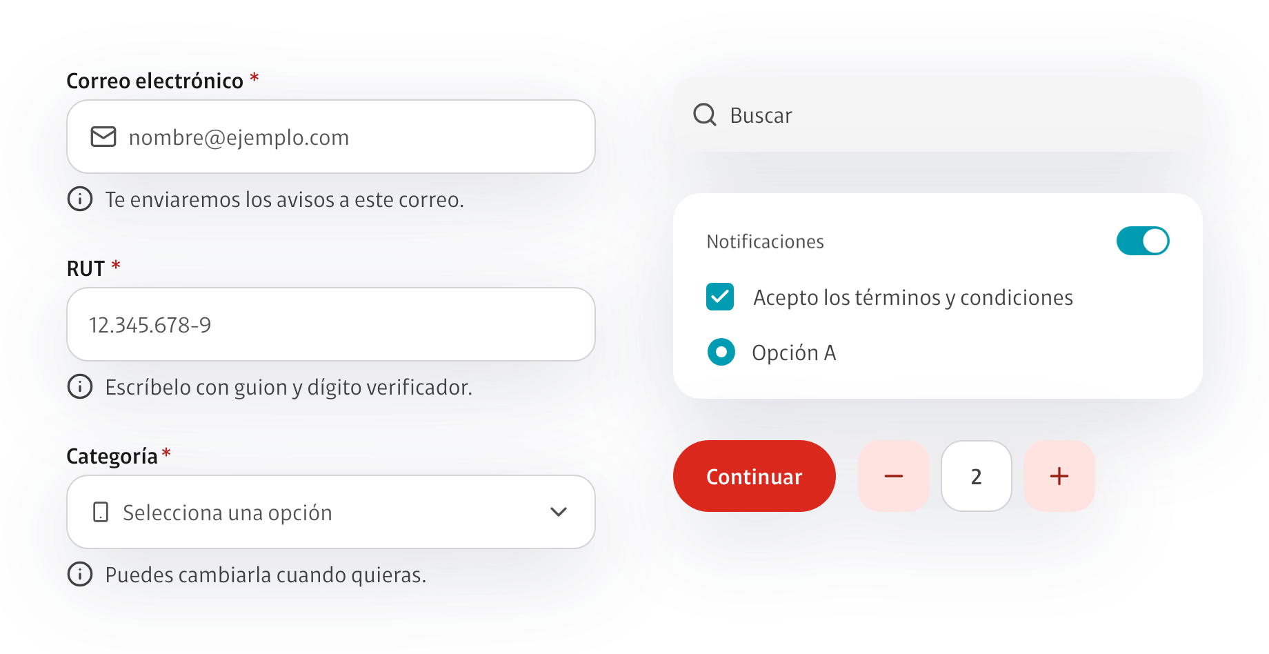 Campos de correo, RUT y categoría con su ayuda, búsqueda, un panel con switch, checkbox y radio, un botón Continuar y un contador