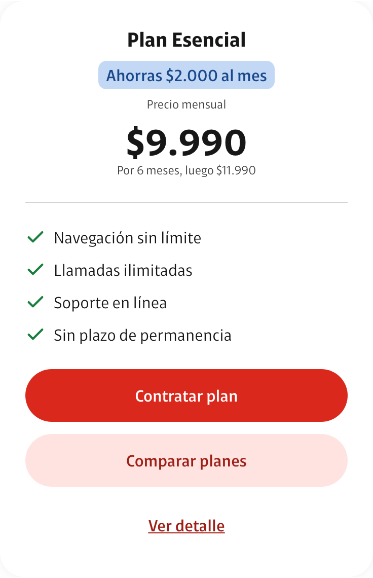 Tarjeta de plan con precio mensual, cuatro beneficios y las acciones Contratar plan, Comparar planes y Ver detalle