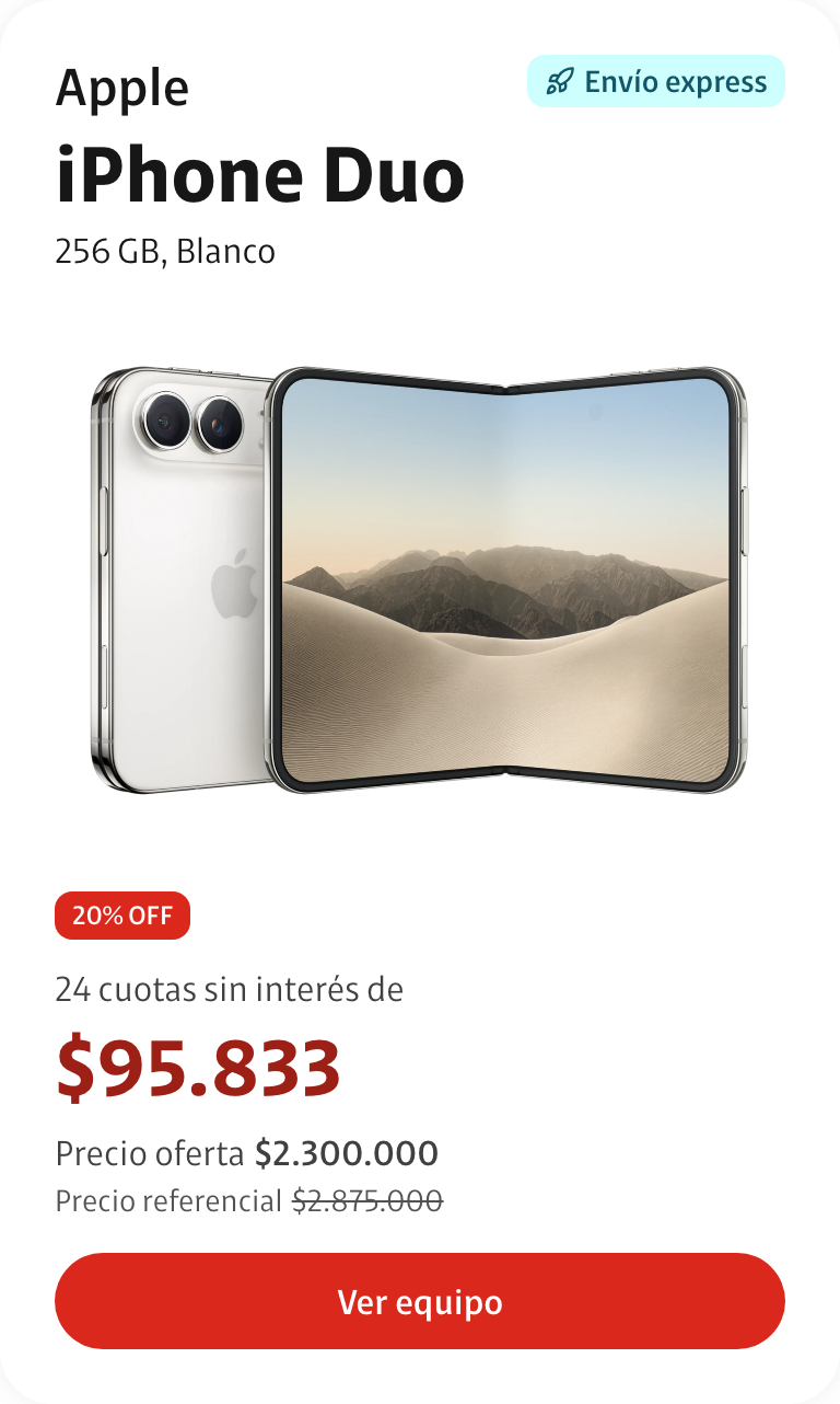 Tarjeta de un equipo de ejemplo, iPhone Duo, con su foto, 24 cuotas sin interés y la acción Ver equipo