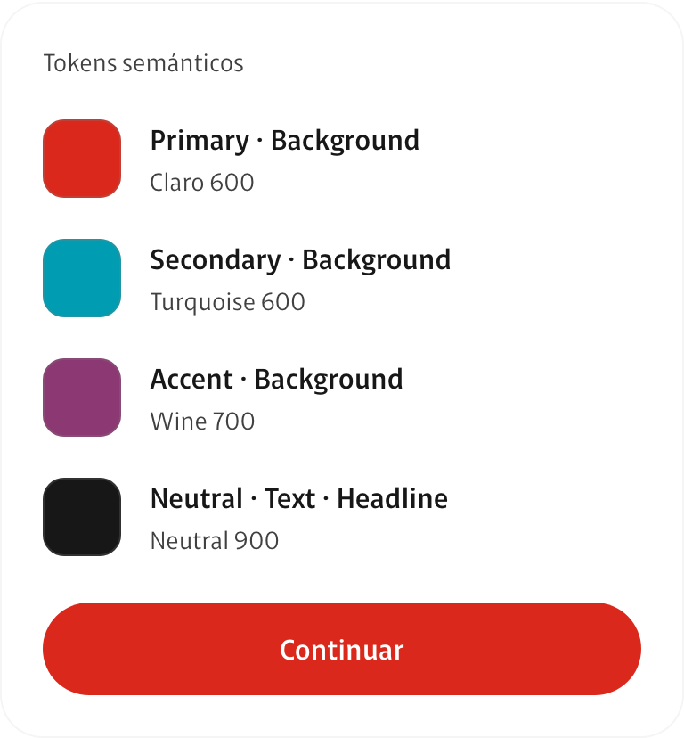 Cuatro tokens semánticos con su valor en el tema activo y un botón que los usa