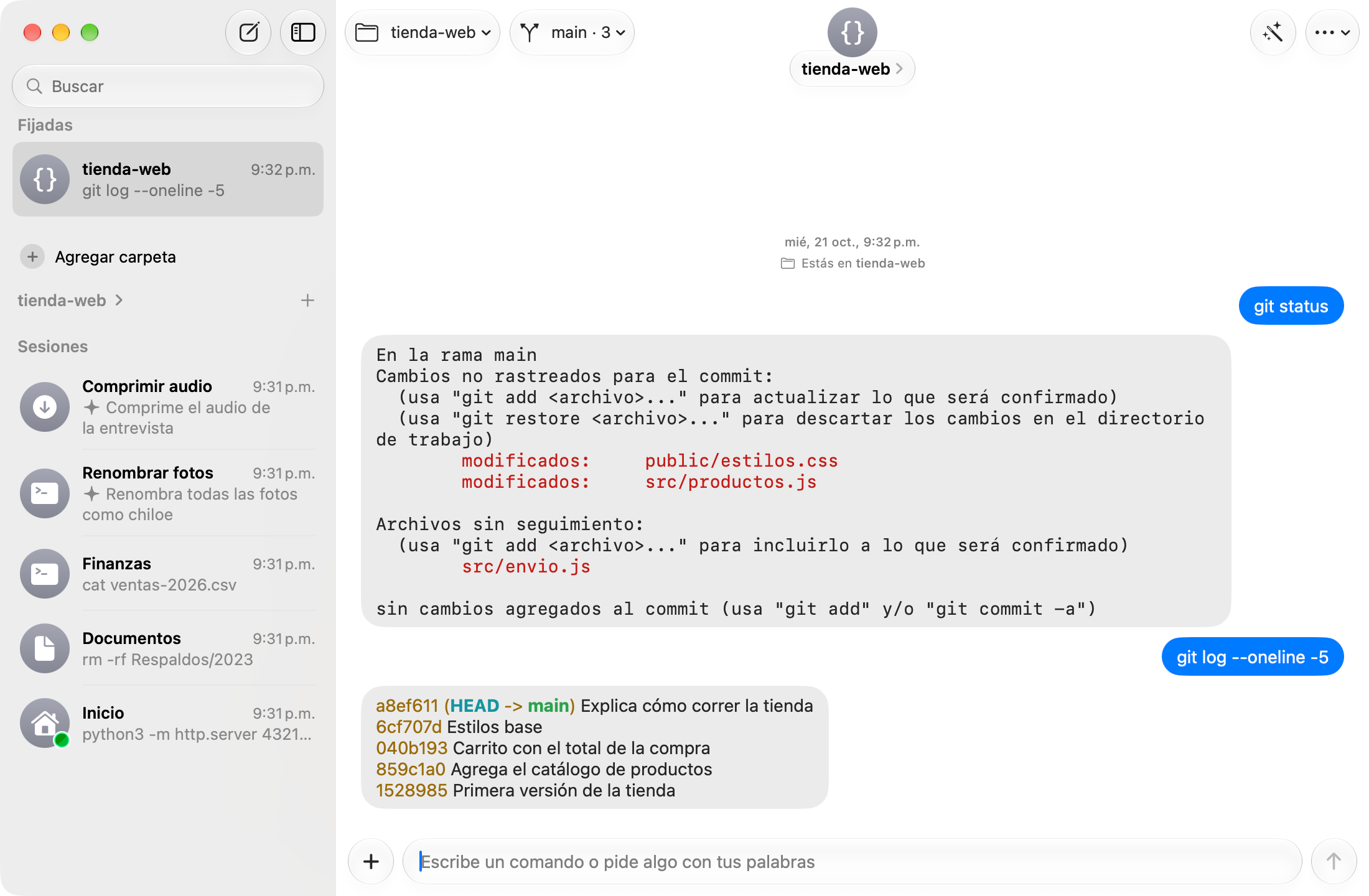 Comando con una conversación de git: estado del repositorio e historial de commits