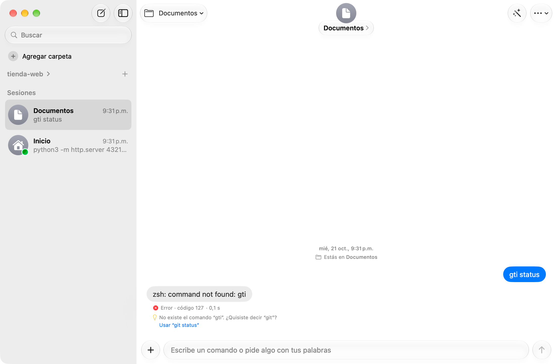 Error command not found: gti, con la sugerencia Usar git status