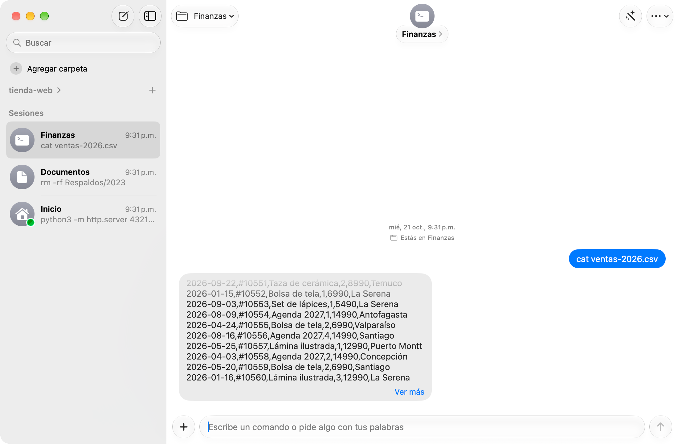 Salida larga de un archivo CSV, plegada con la opción Ver más