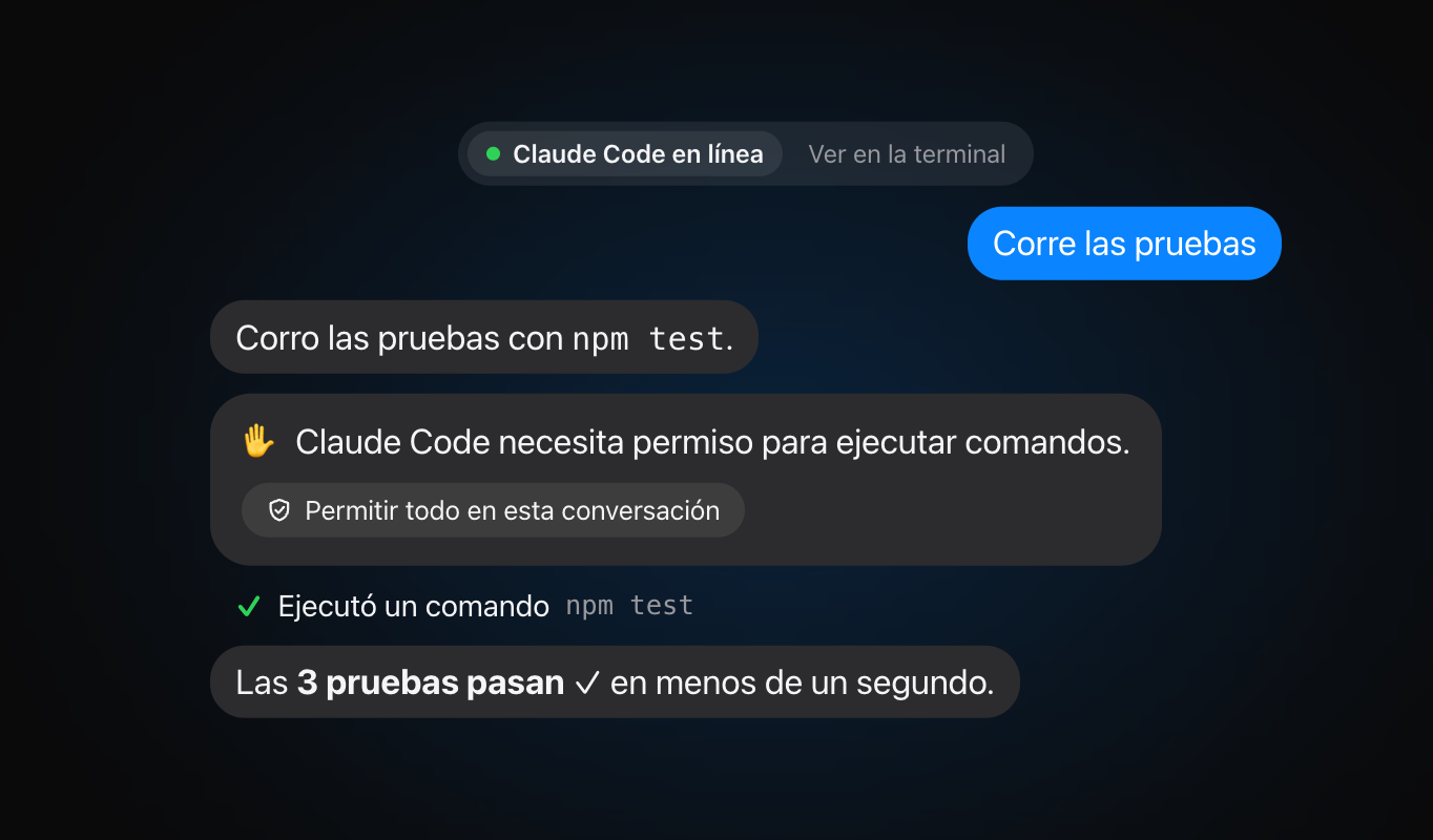 Claude Code pide permiso para ejecutar comandos, corre npm test y confirma que las tres pruebas pasan