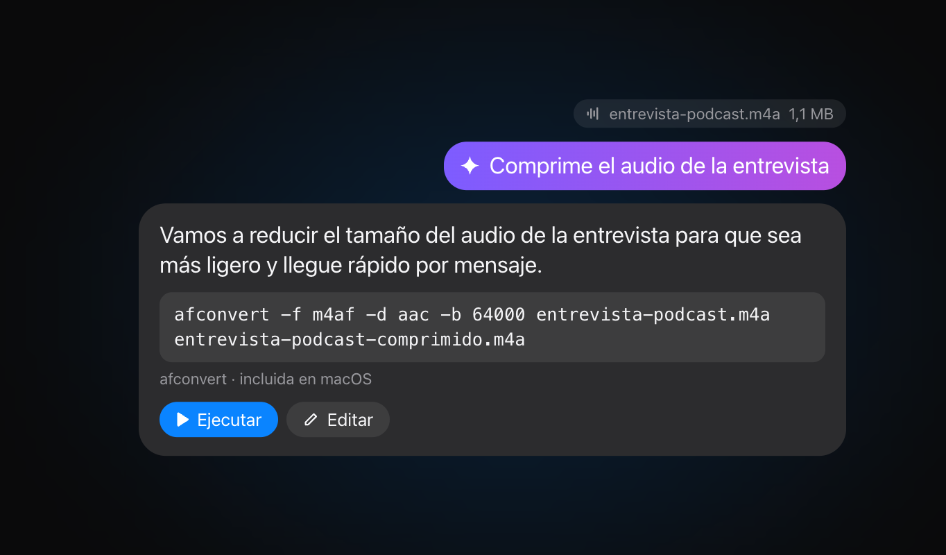 El asistente propone un comando afconvert para comprimir el audio de una entrevista, con los botones Ejecutar y Editar