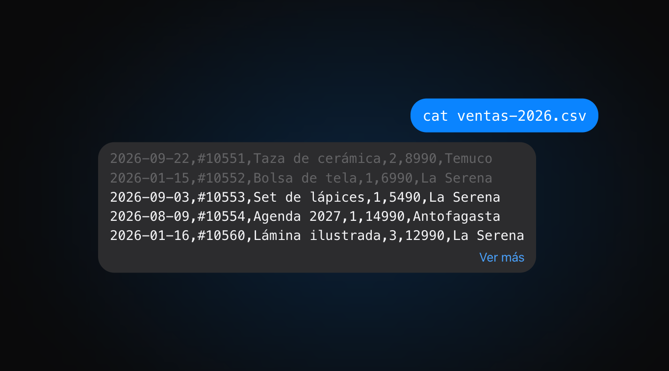 Salida de cat ventas-2026.csv plegada, con las últimas filas visibles y la opción Ver más