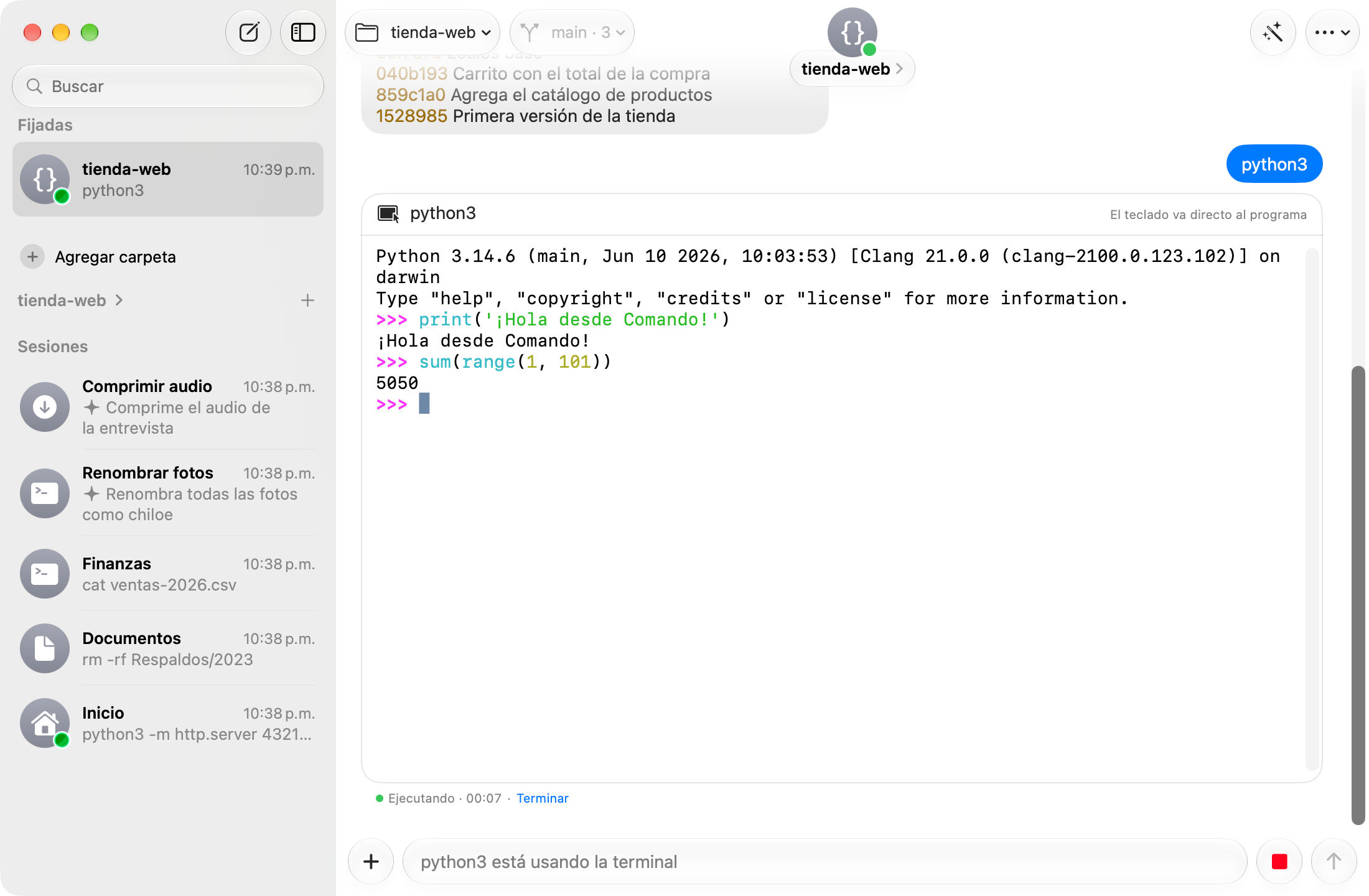 Python 3 abierto en una terminal integrada dentro de la conversación