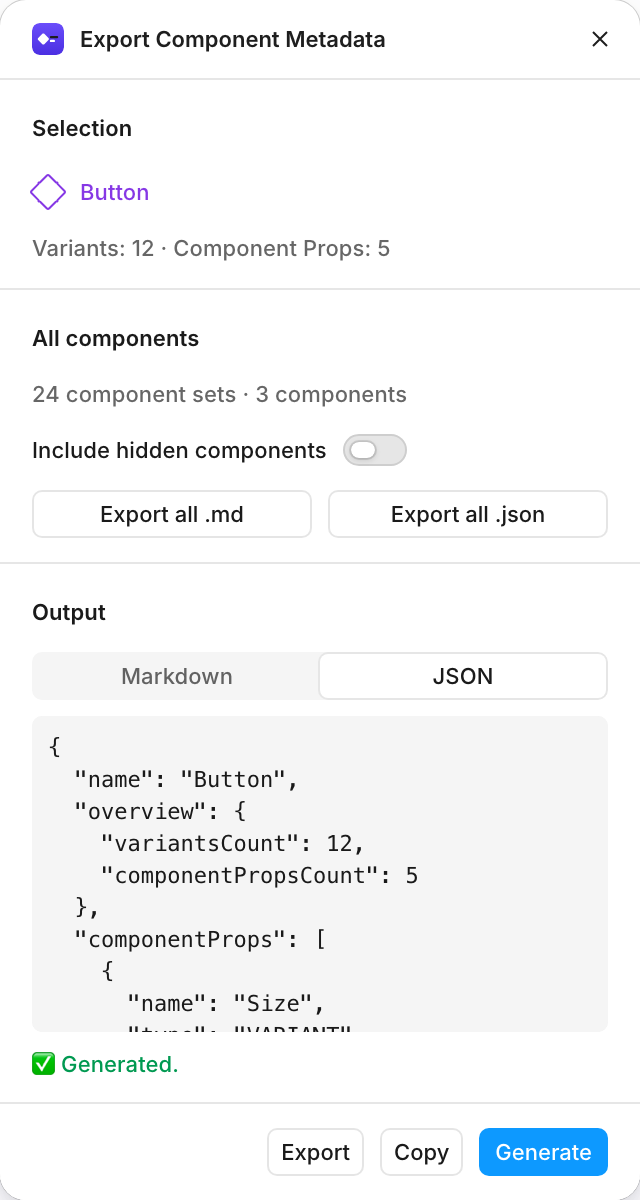 Export Component Metadata con la salida en JSON