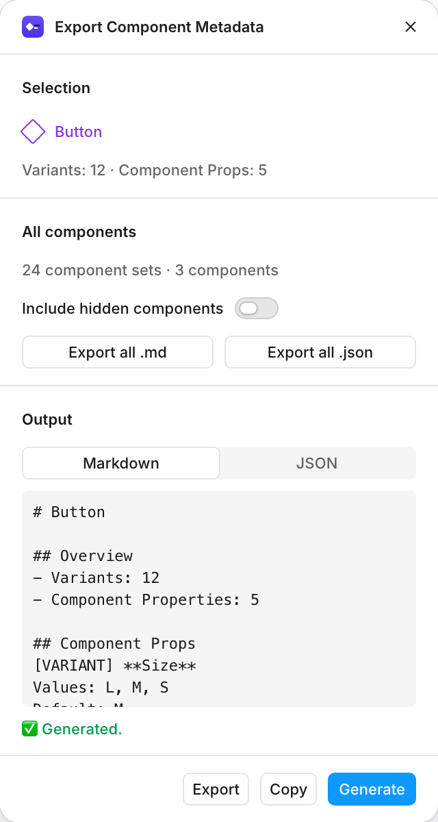 Export Component Metadata con la documentación en Markdown