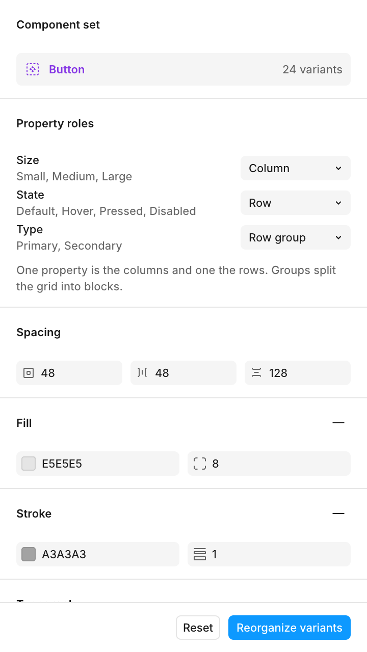 Sort your variants con un Component Set seleccionado