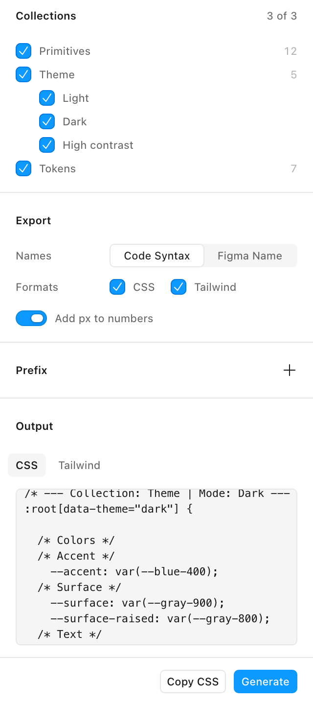 Tokens to Code con el CSS generado